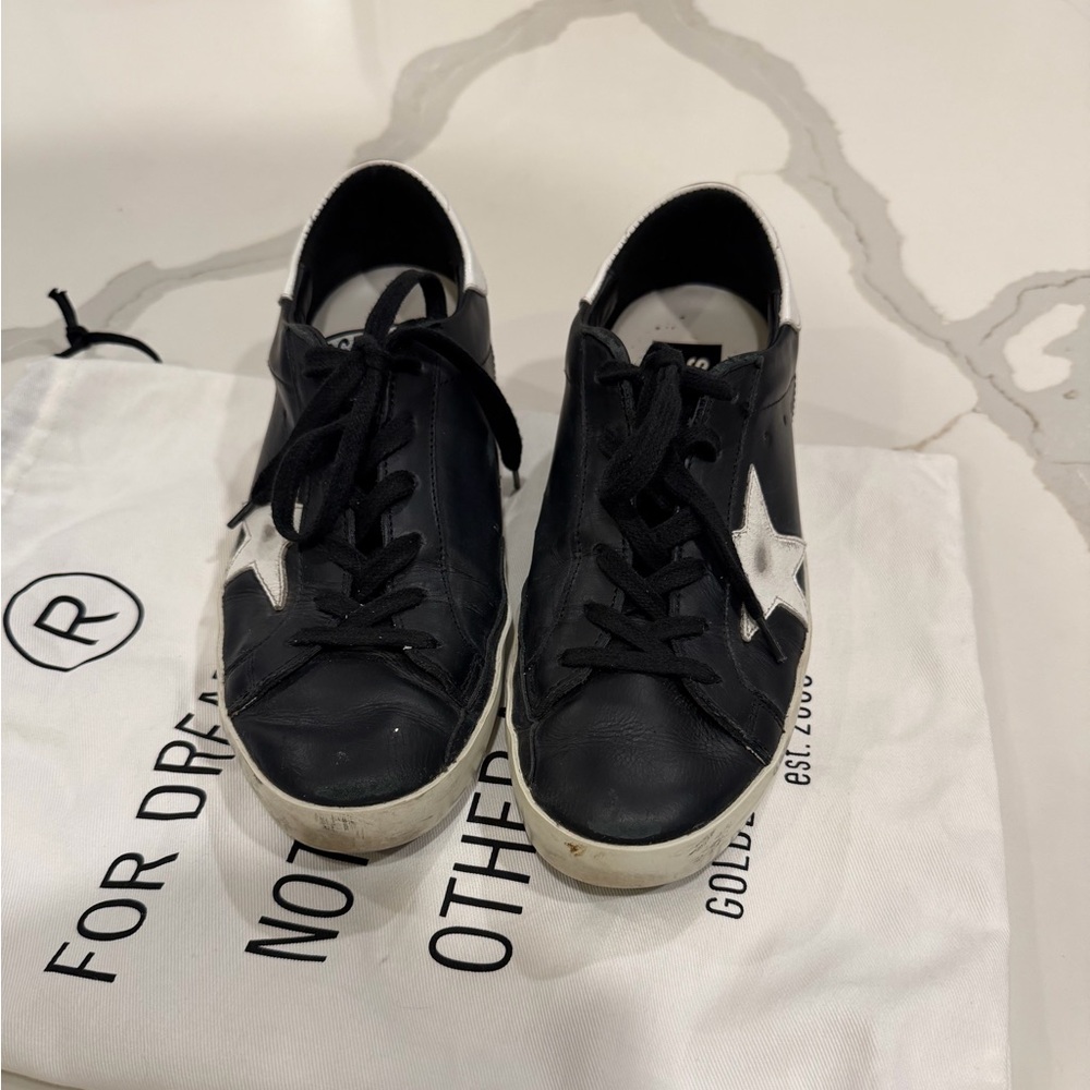 Golden Goose Black Leather Superstar Sneakers with White Star - Picture 12 of 15